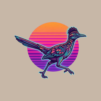 Close-up of the Synthwave Roadrunner Sunset design on a Heather Stone tee