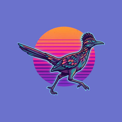 Close-up of the Synthwave Roadrunner Sunset design on a Heather True Royal tee