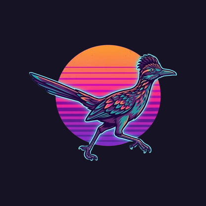 Close-up of the Synthwave Roadrunner Sunset design on a Navy tee