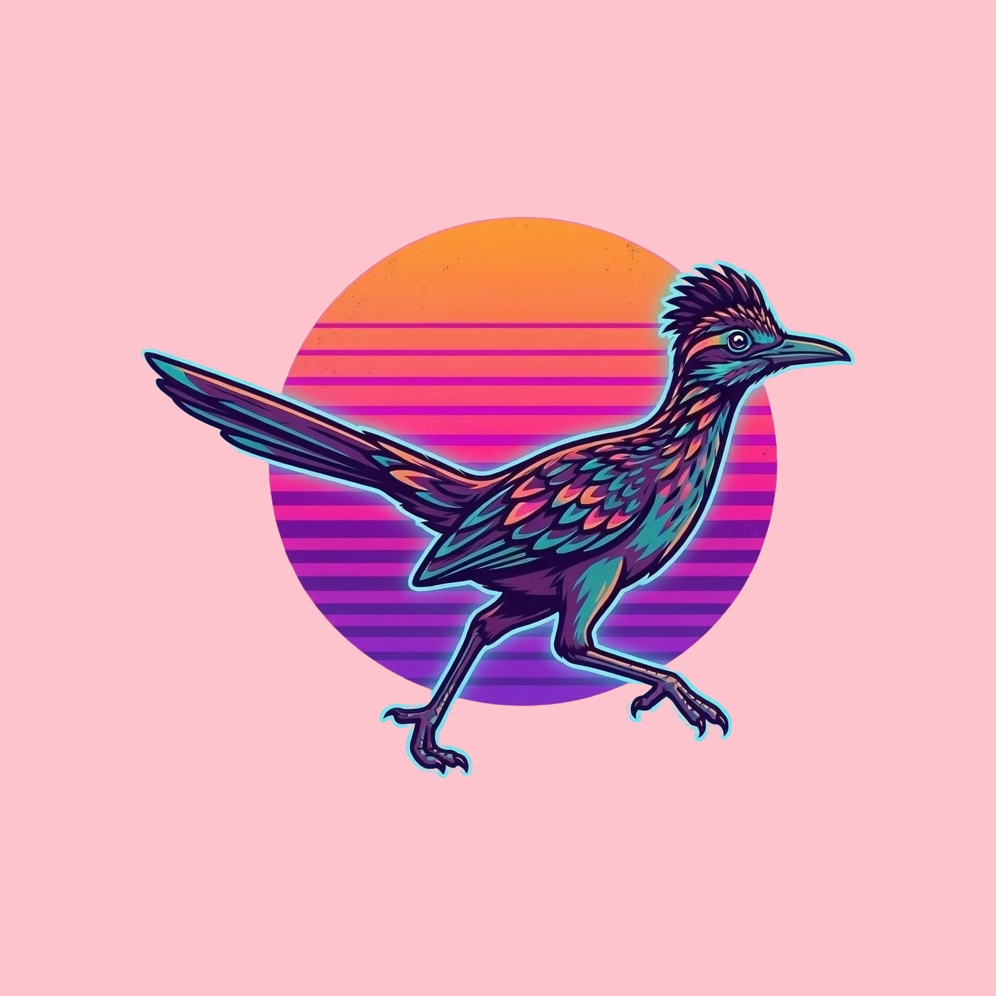 Close-up of the Synthwave Roadrunner Sunset design on a Pink tee