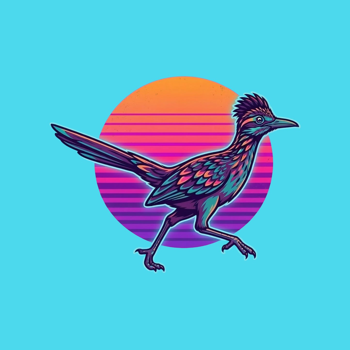 Close-up of the Synthwave Roadrunner Sunset design on a Turquoise V-neck tee