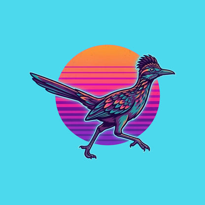 Close-up of the Synthwave Roadrunner Sunset design on a Turquoise V-neck tee