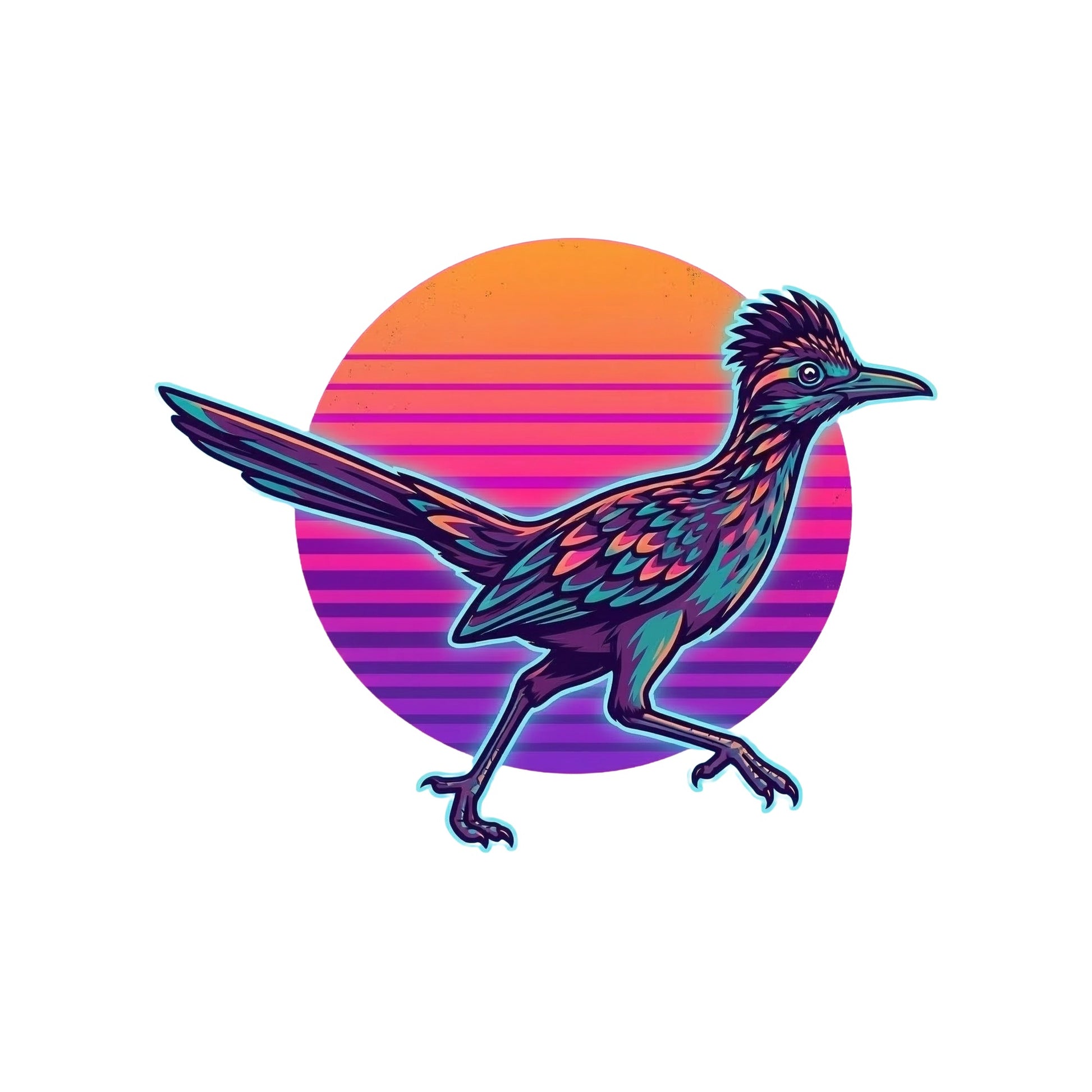 Close-up of the Synthwave Roadrunner Sunset design on a White tee