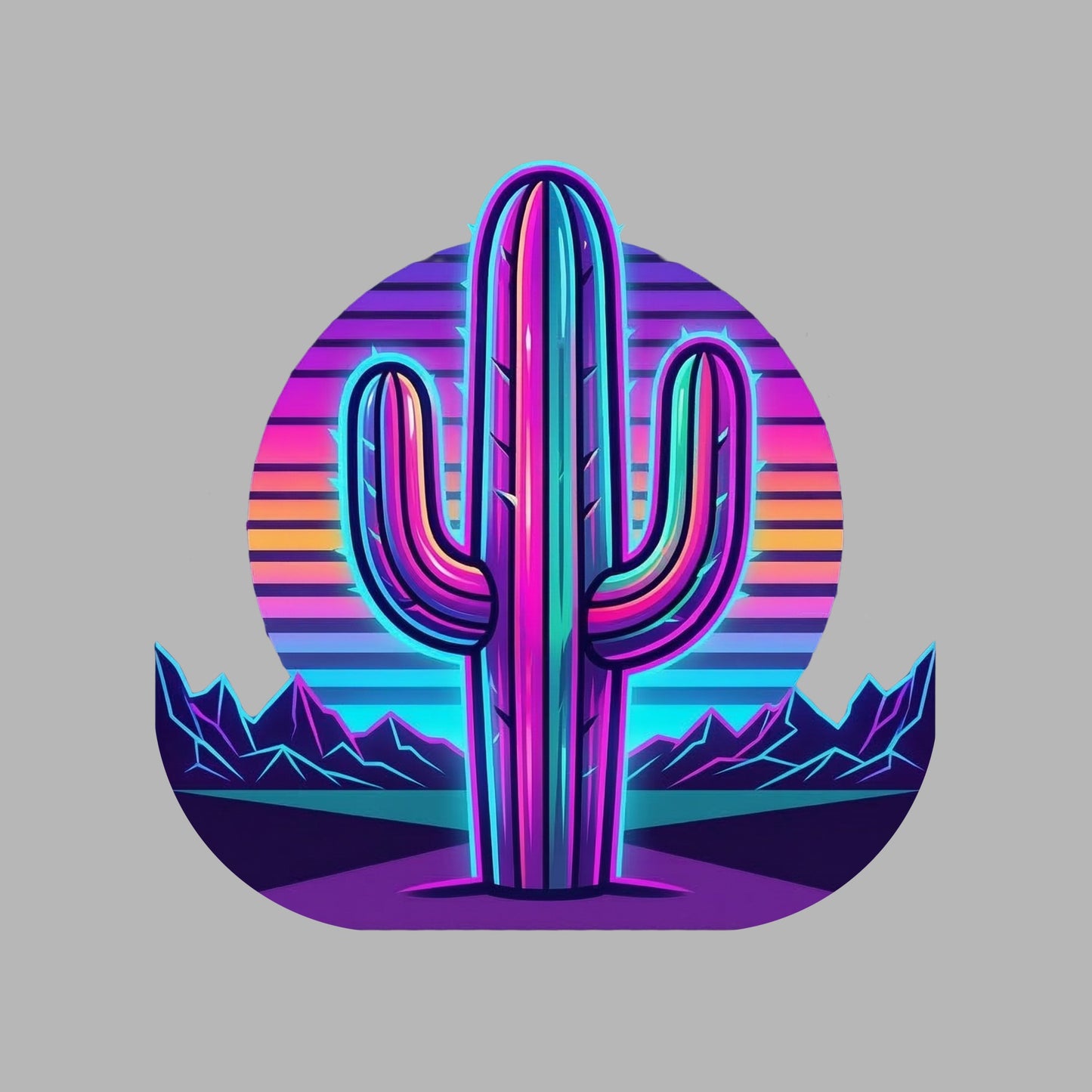 Close-up of the Neon Saguaro Synthwave design on an Athletic Heather tee