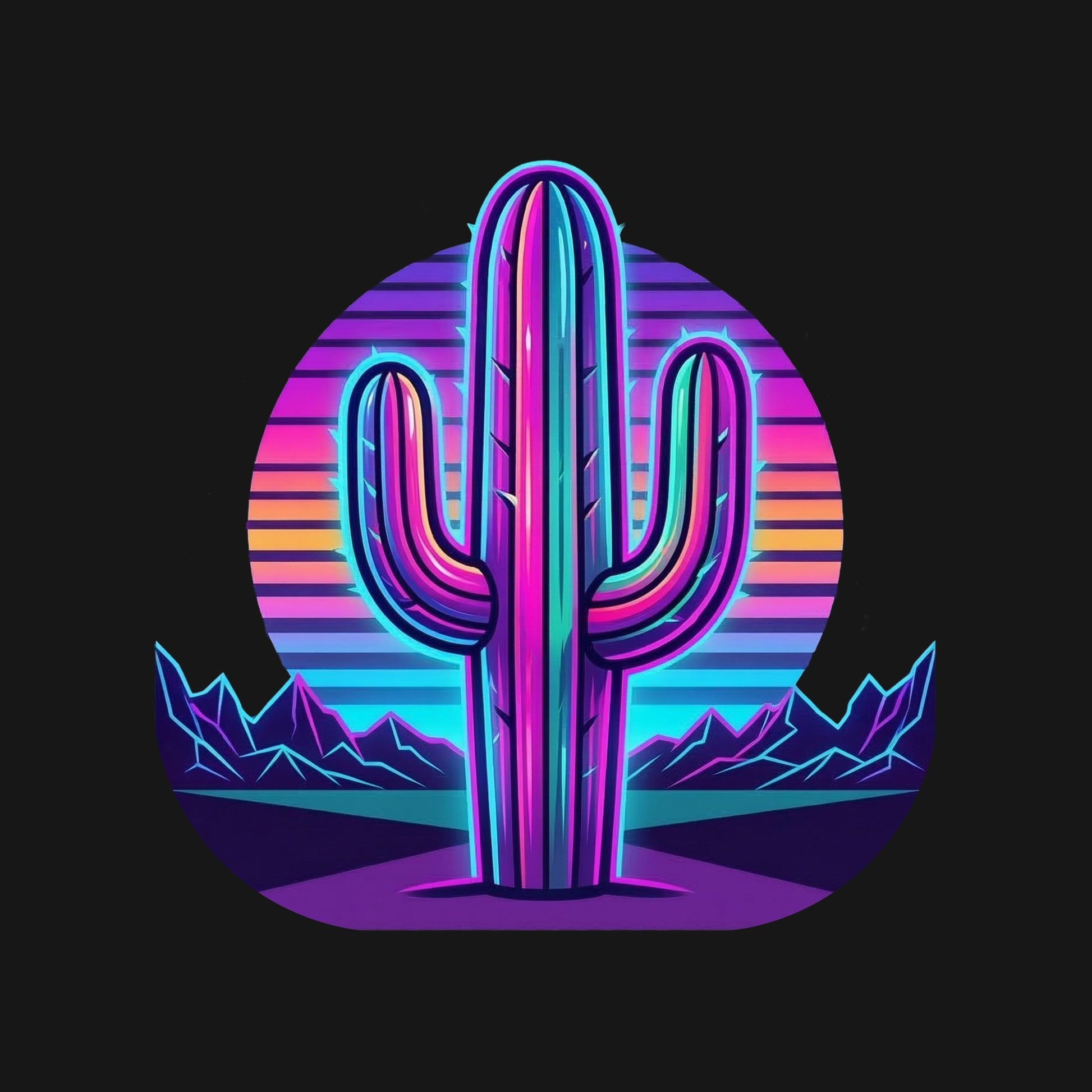 Close-up of the Neon Saguaro Synthwave design on a Black tee