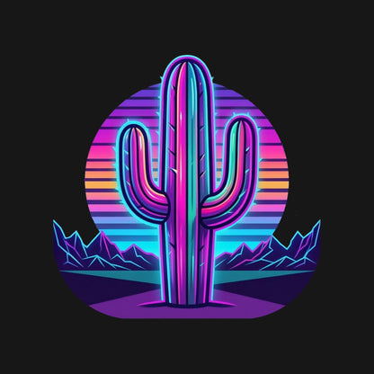 Close-up of the Neon Saguaro Synthwave design on a Black tee