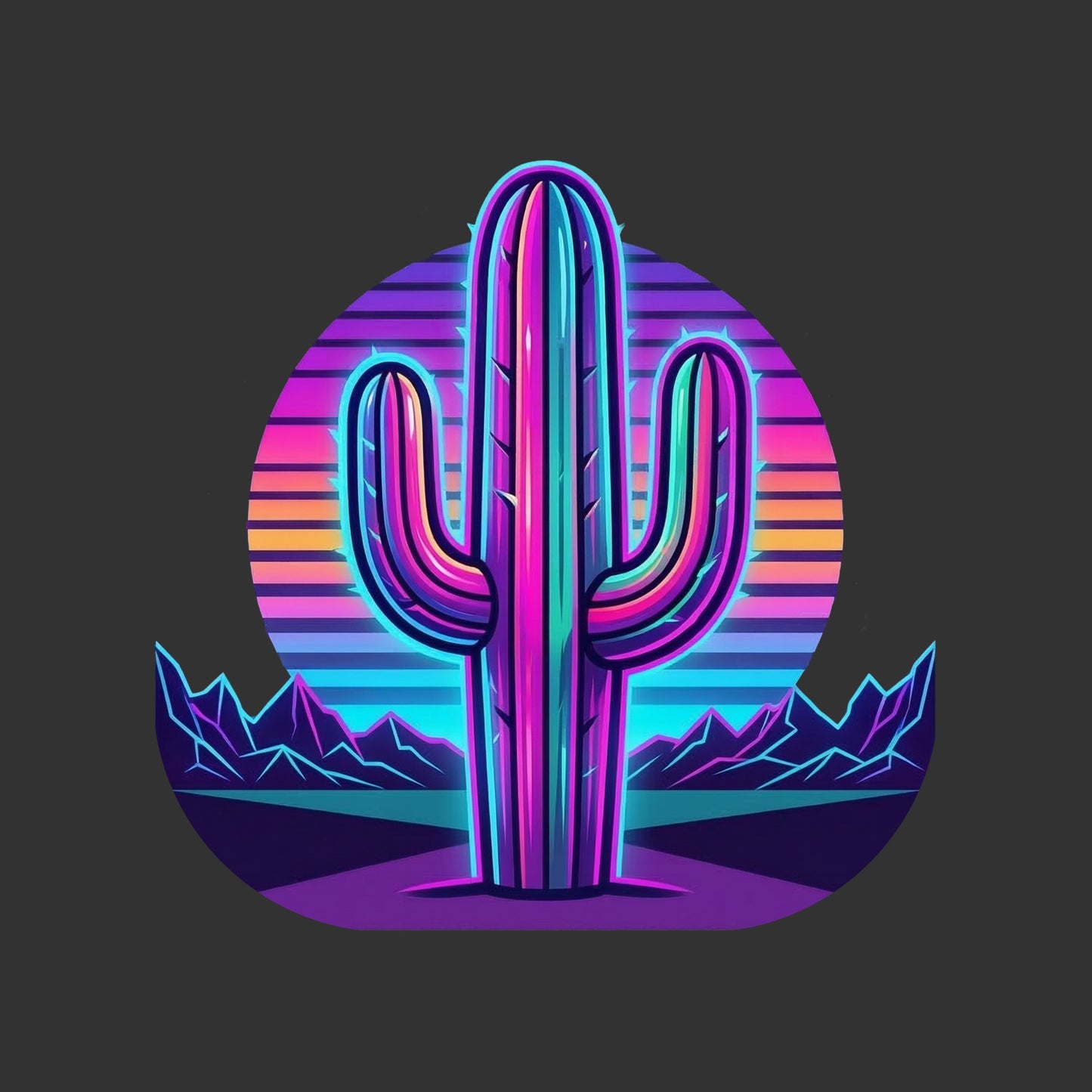 Close-up of the Neon Saguaro Synthwave design on a Dark Grey Heather tee