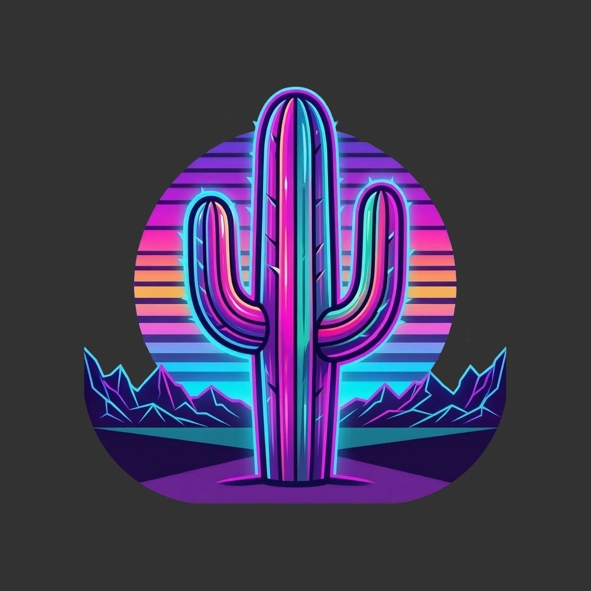 Close-up of the Neon Saguaro Synthwave design on a Dark Grey Heather tee