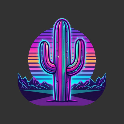 Close-up of the Neon Saguaro Synthwave design on a Dark Grey Heather tee
