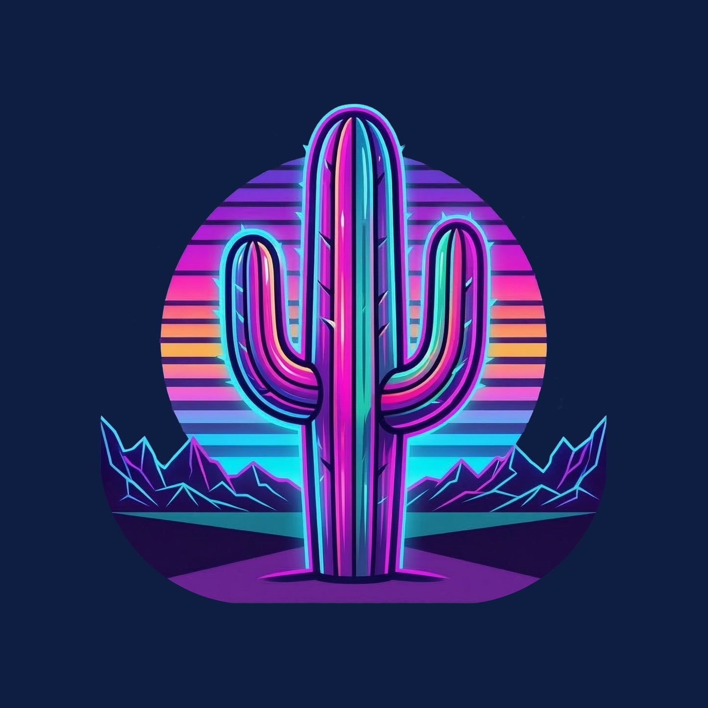 Close-up of the 80S Neon Gradient Saguaro design on a Heather Navy V-neck tee