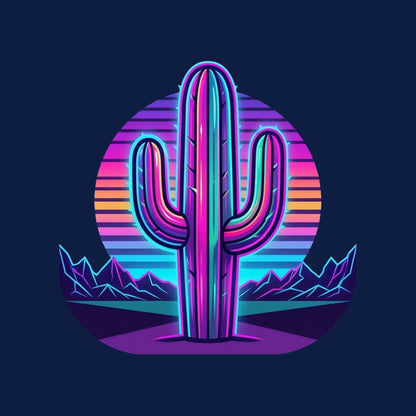 Close-up of the 80S Neon Gradient Saguaro design on a Heather Navy V-neck tee