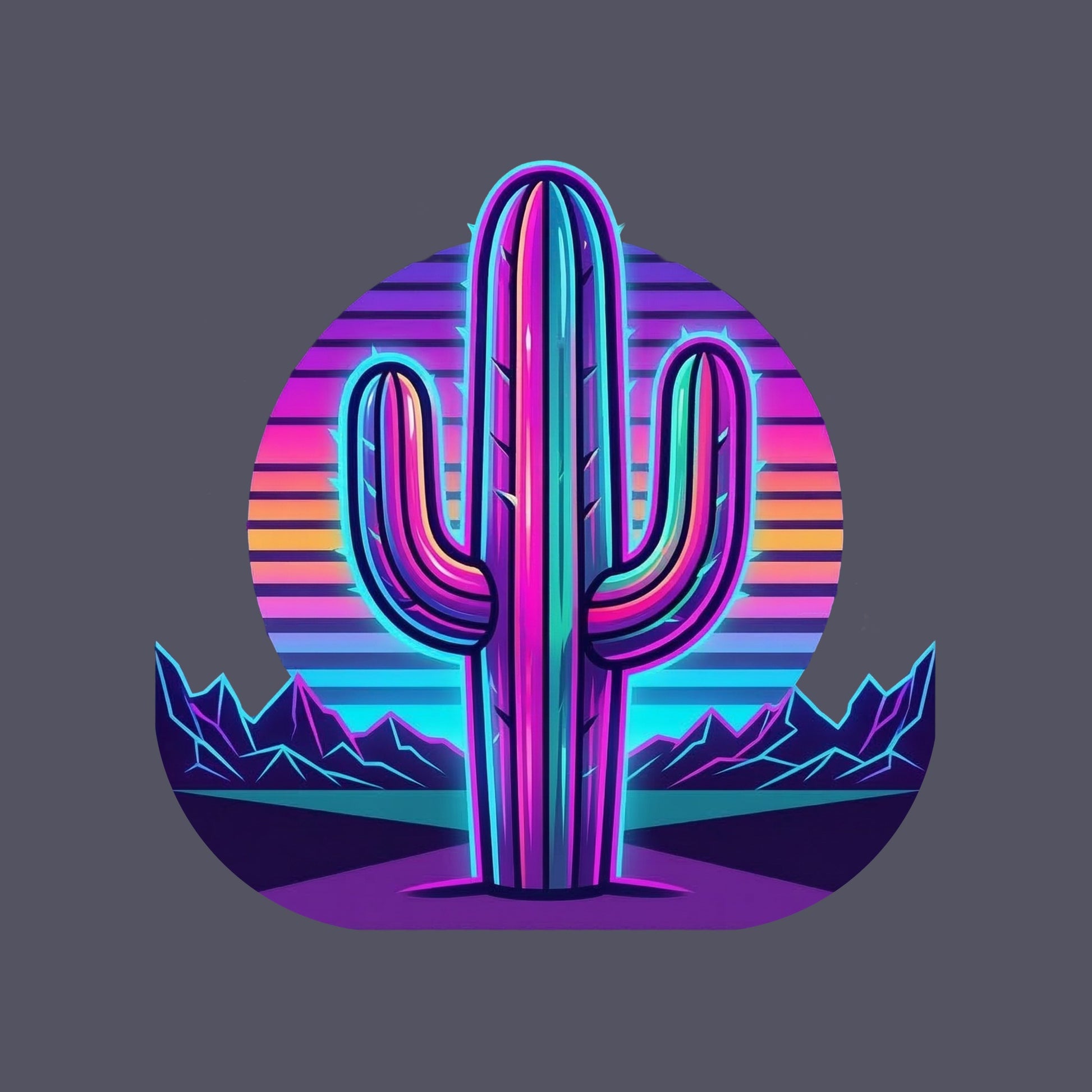 Close-up of the Neon Saguaro Synthwave design on a Heather Navy tee