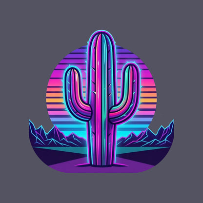 Close-up of the Neon Saguaro Synthwave design on a Heather Navy tee