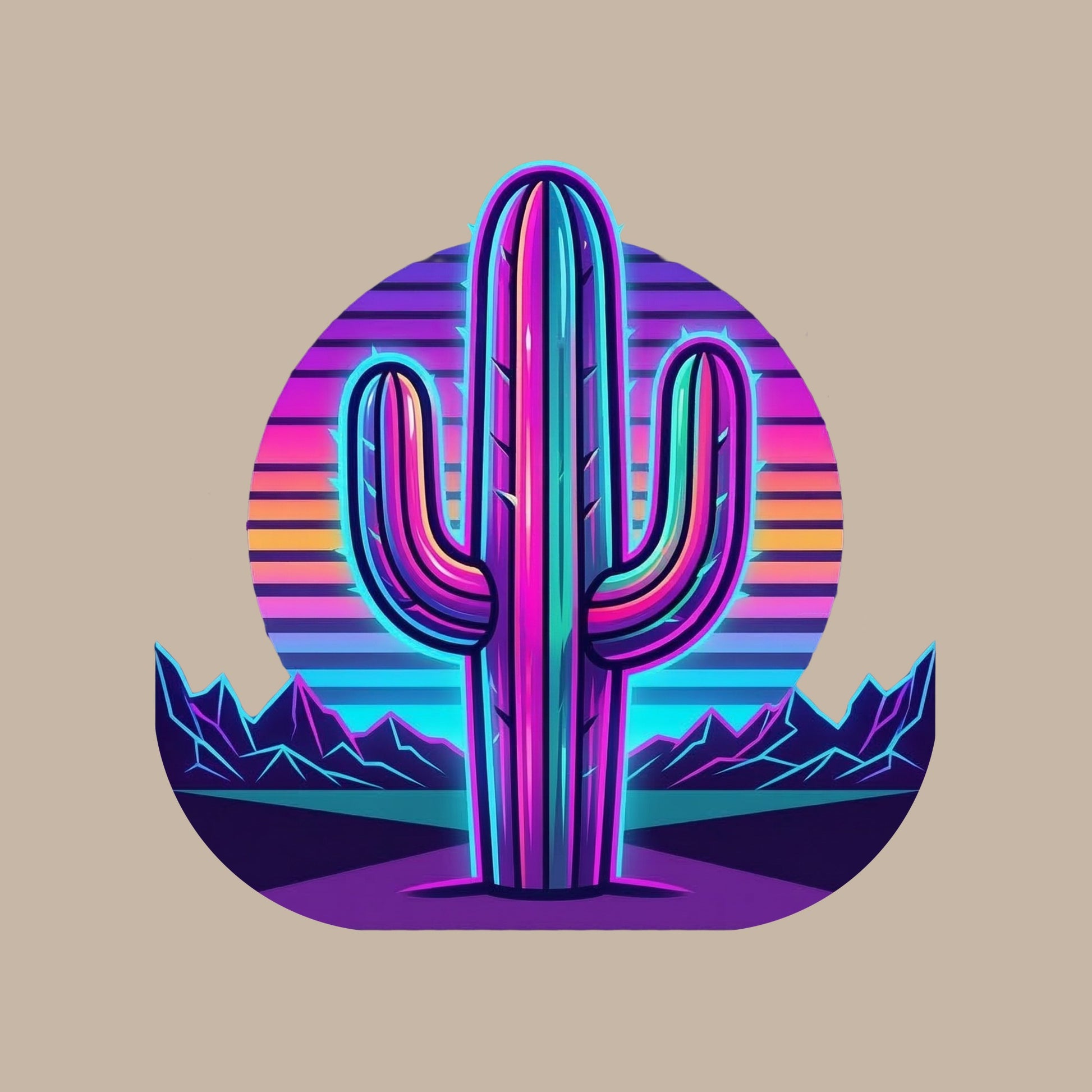 Close-up of the Neon Saguaro Synthwave design on a Heather Stone tee