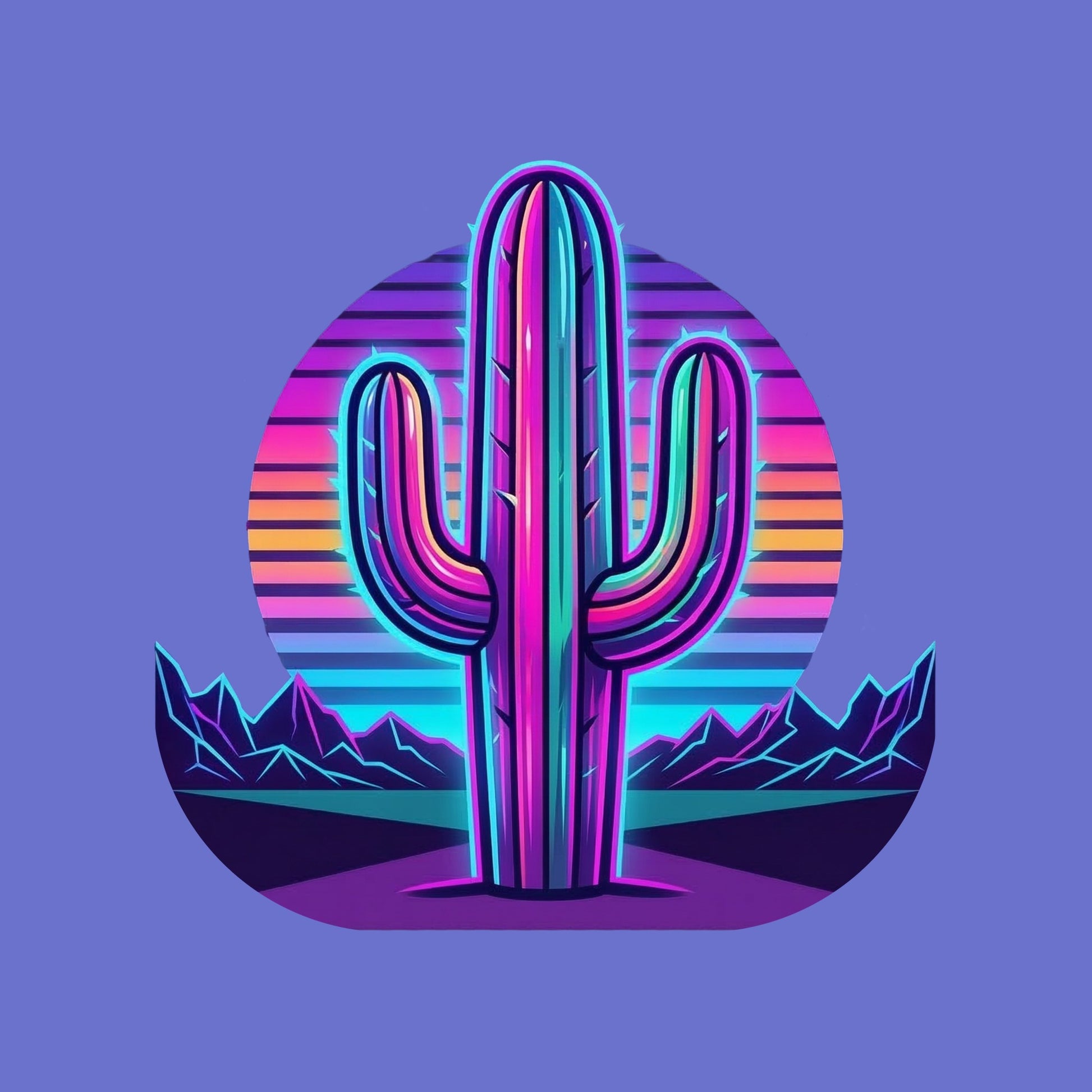 Close-up of the Neon Saguaro Synthwave design on a Heather True Royal tee