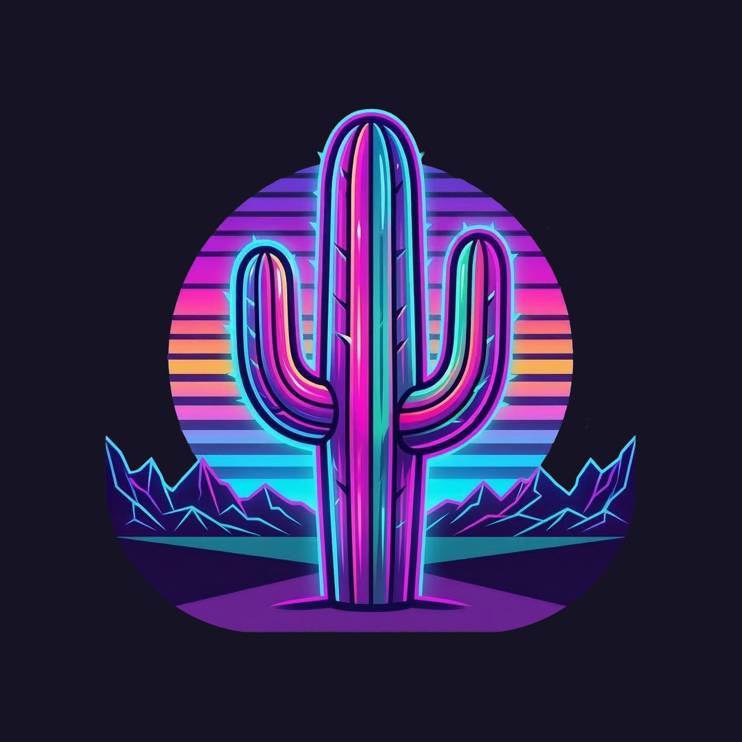 Close-up of the Neon Saguaro Synthwave design on a Navy tee