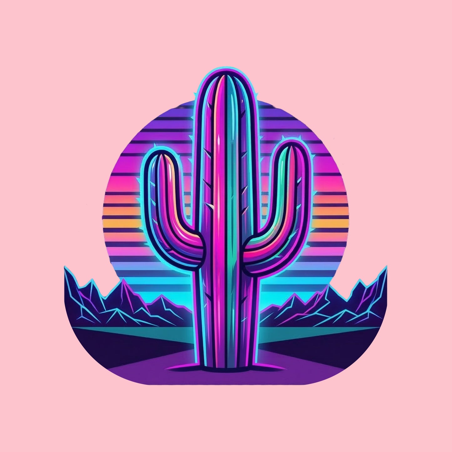 Close-up of the Neon Saguaro Synthwave design on a Pink tee