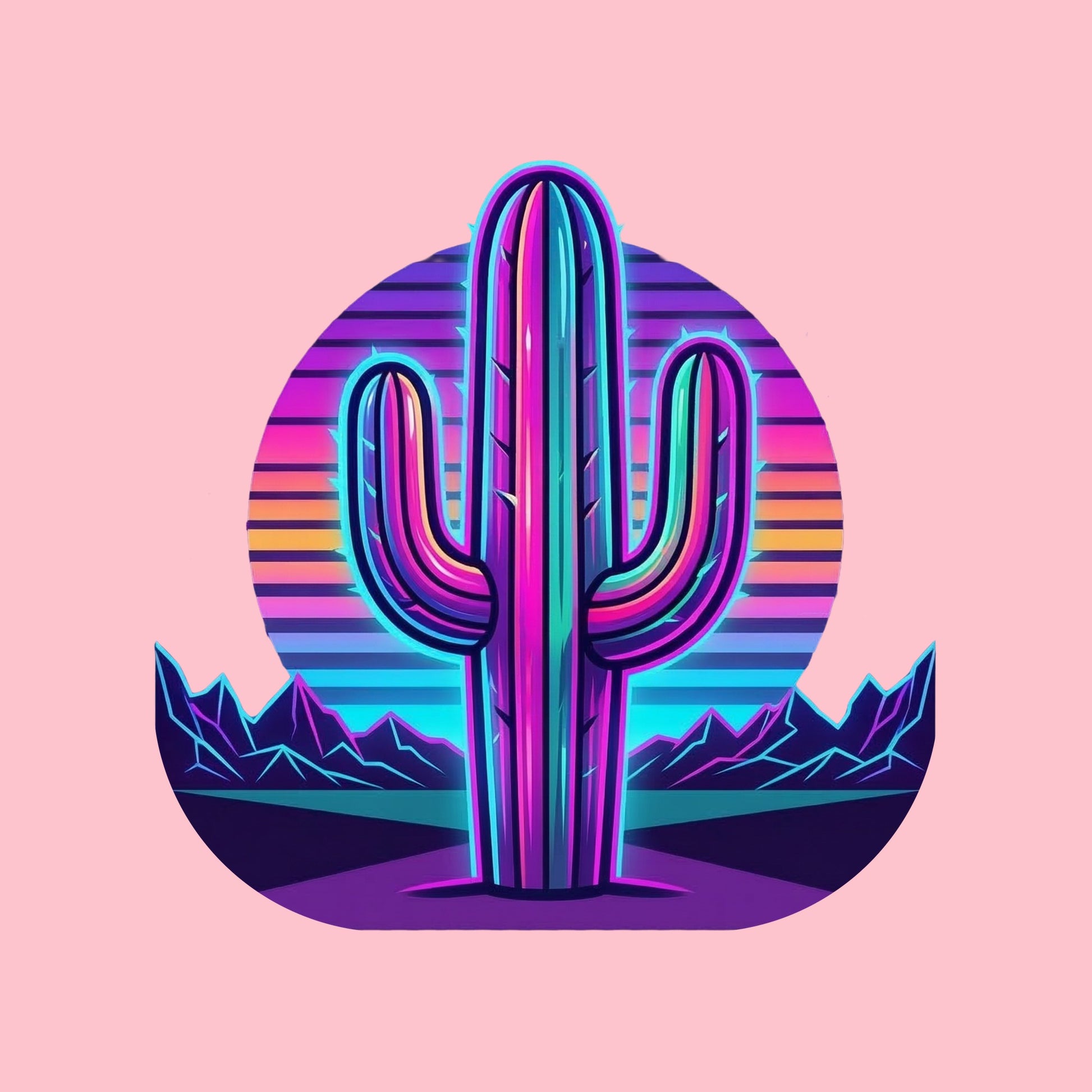 Close-up of the Neon Saguaro Synthwave design on a Pink tee