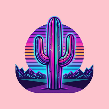 Close-up of the Neon Saguaro Synthwave design on a Pink tee