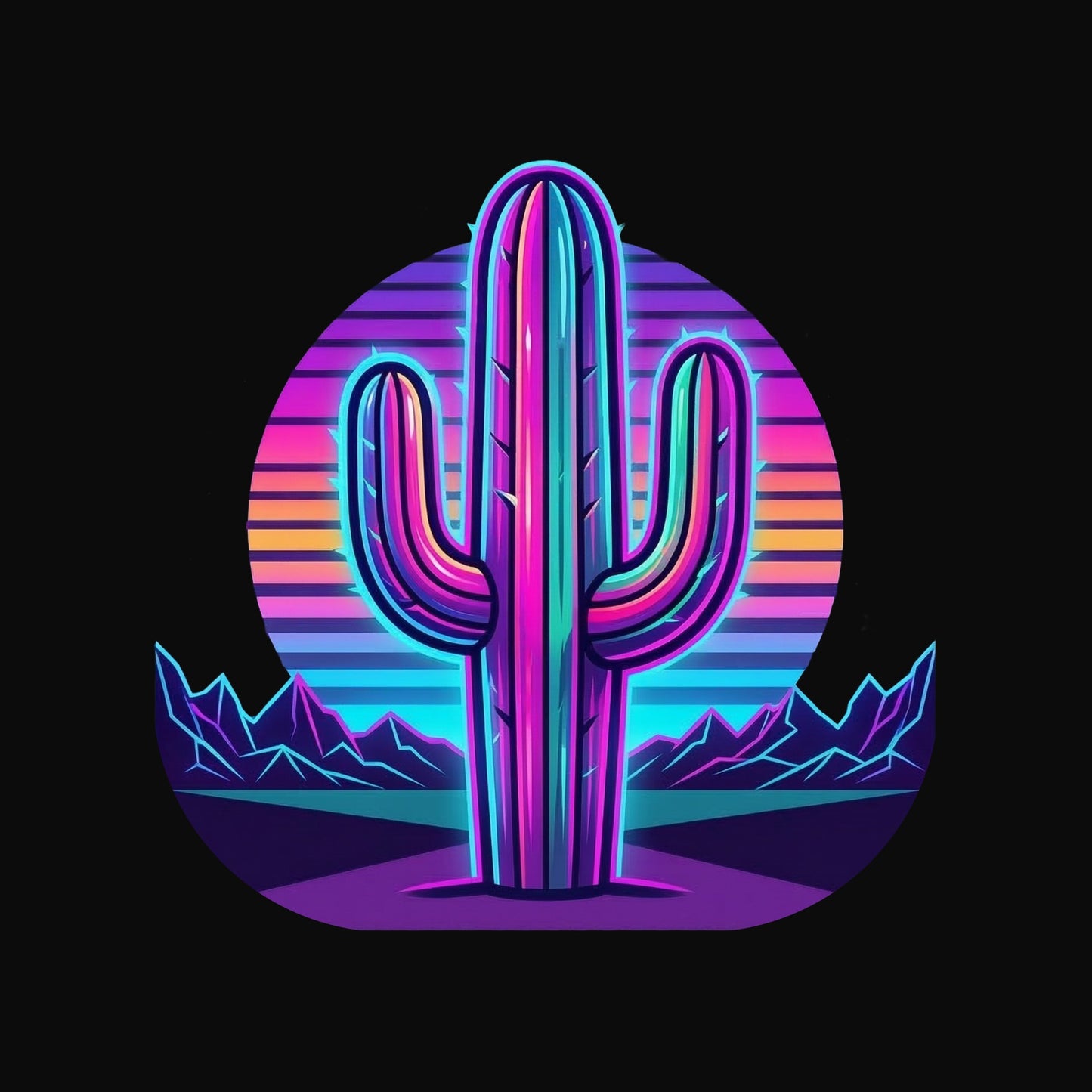 Close-up of the 80S Neon Gradient Saguaro design on a Solid Black Blend V-neck tee
