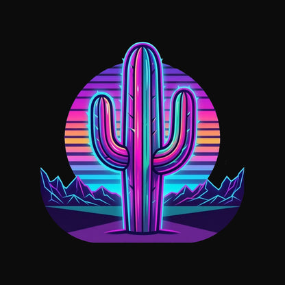 Close-up of the 80S Neon Gradient Saguaro design on a Solid Black Blend V-neck tee