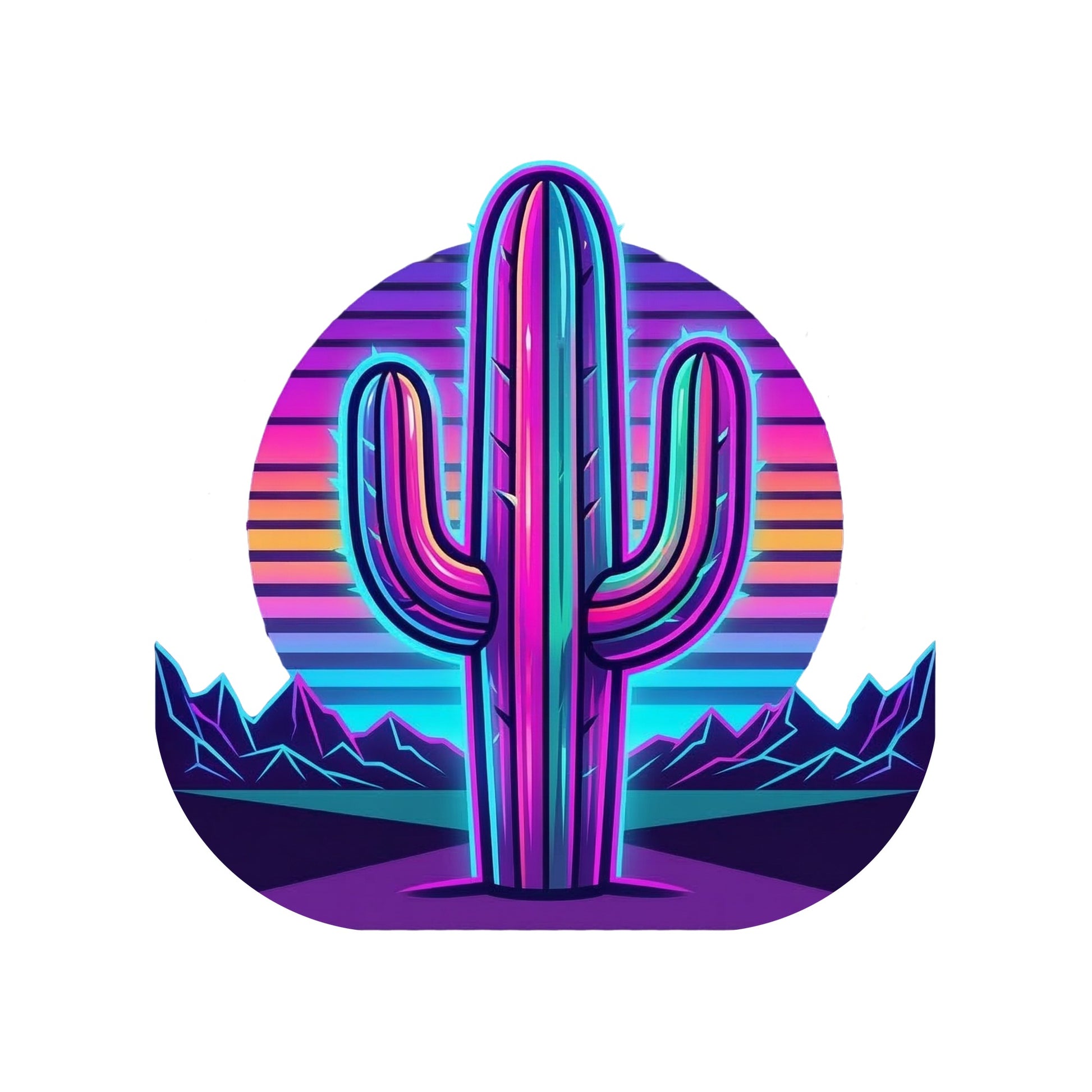 Close-up of the 80S Neon Gradient Saguaro design on a Solid White Blend V-neck tee