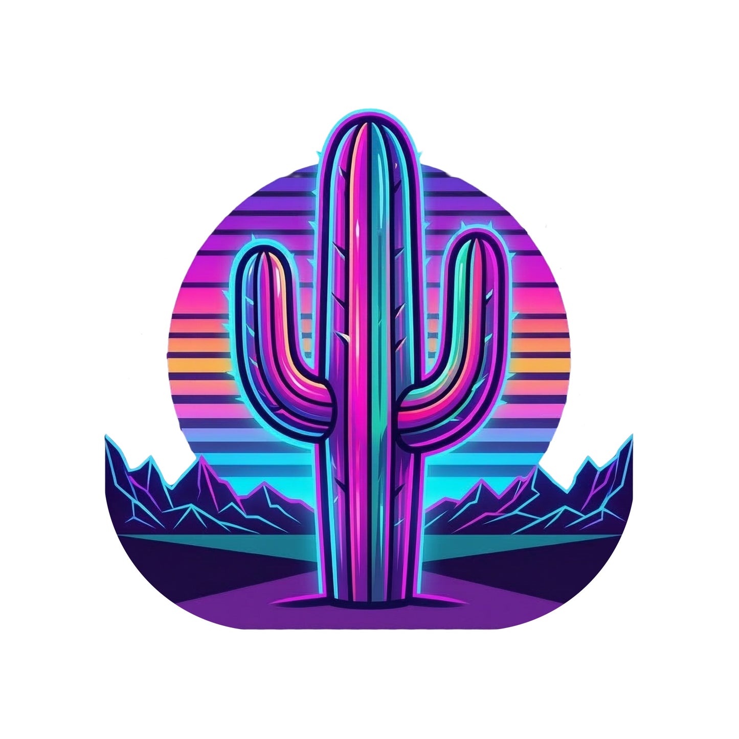 Close-up of the Neon Saguaro Synthwave design on a White tee
