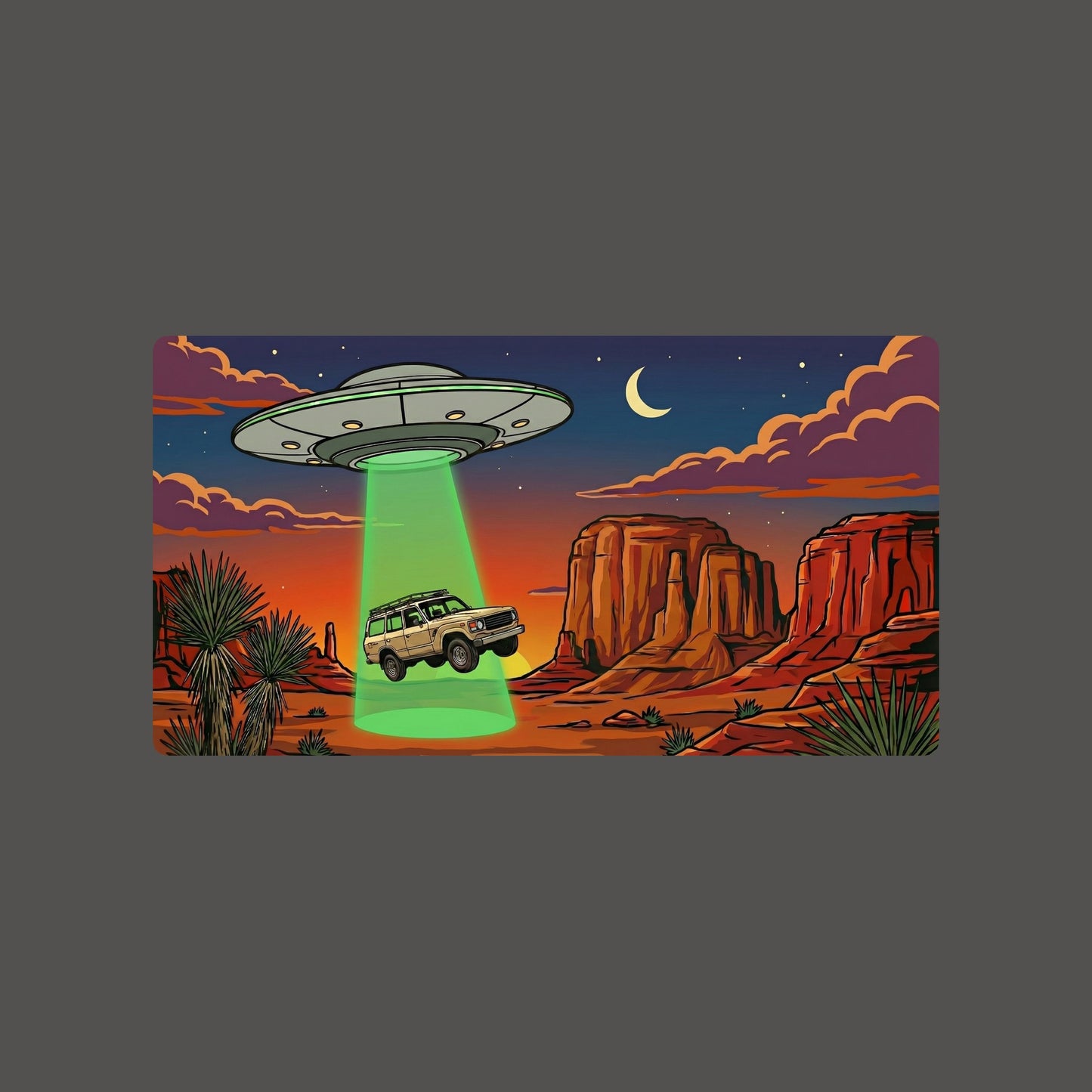 Close-up of the Desert Abduction Cruiser design on an Asphalt tee