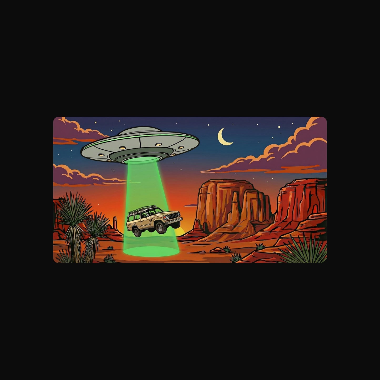 Close-up of the Desert Abduction Cruiser design on a Black tee