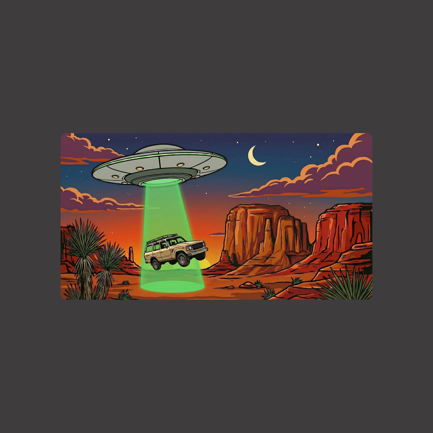 Close-up of the Desert Abduction Cruiser design on a Dark Grey Heather tee