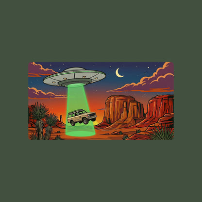 Close-up of the Desert Abduction Cruiser design on a Heather Forest tee
