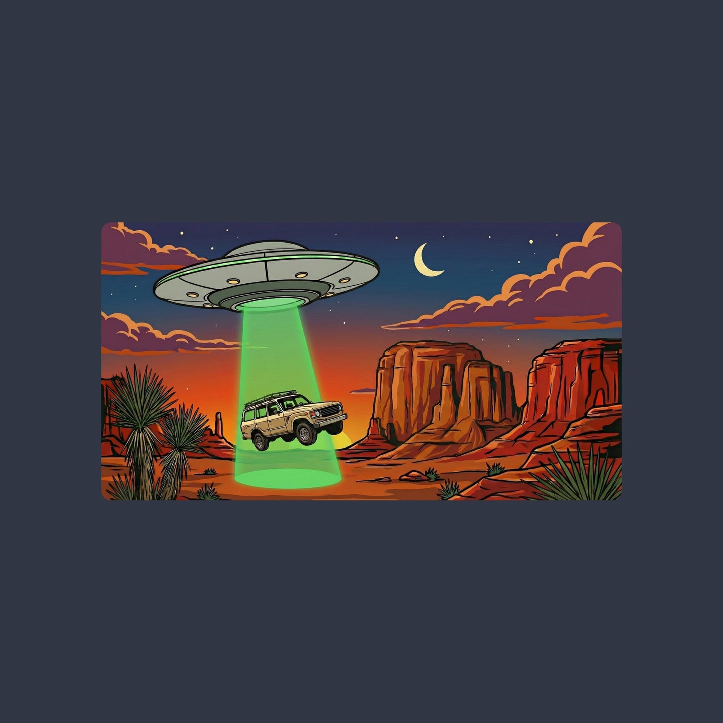 Close-up of the Desert Abduction Cruiser design on a Heather Navy tee