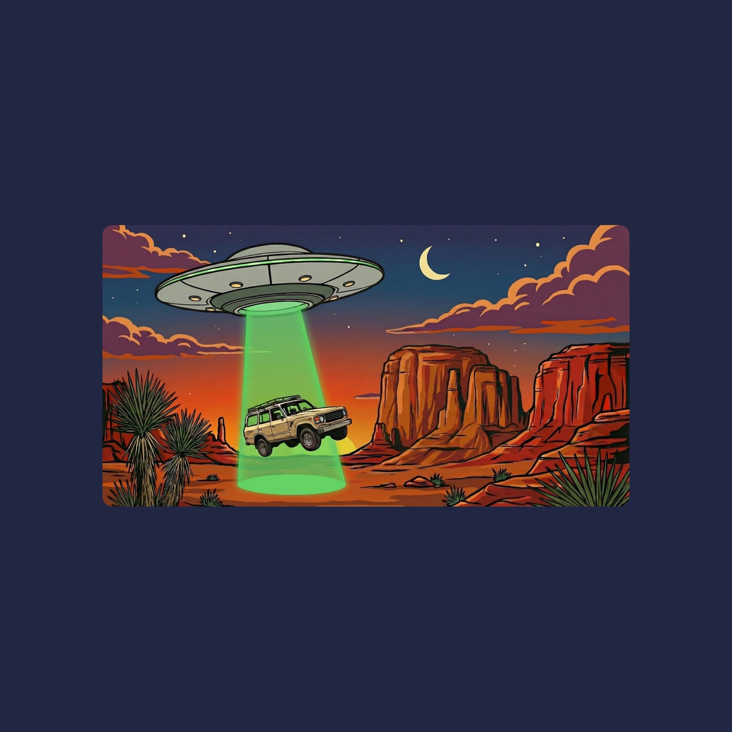 Close-up of the Desert Abduction Cruiser design on a Navy tee