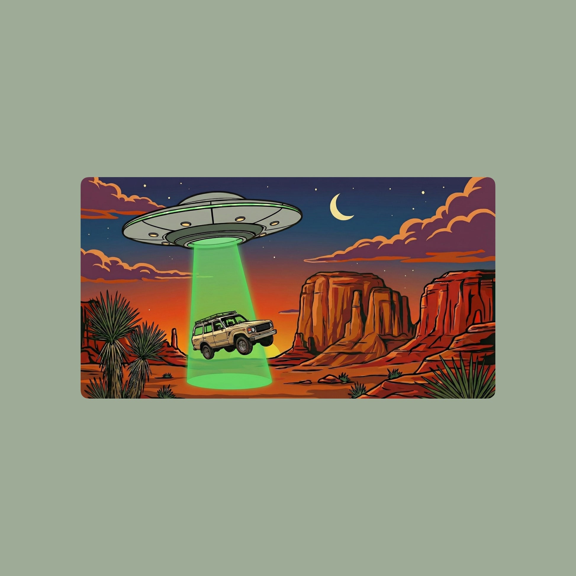 Close-up of the Desert Abduction Cruiser design on a Sage tee