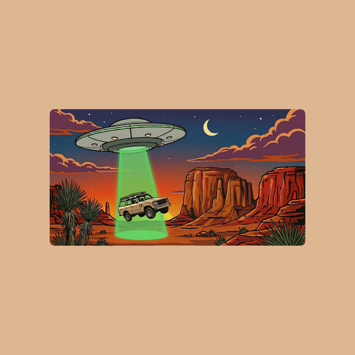 Close-up of the Desert Abduction Cruiser design on a Tan tee