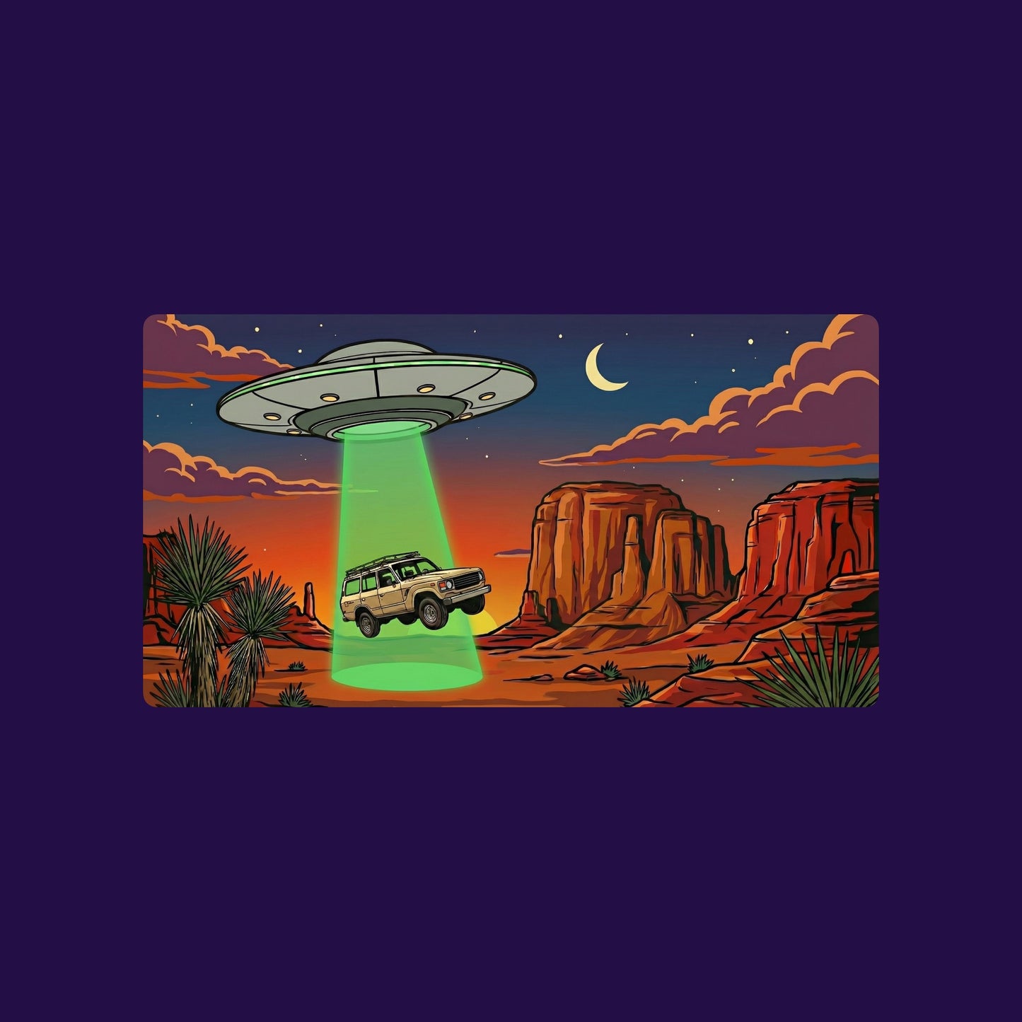 Close-up of the Desert Abduction Cruiser design on a Team Purple tee