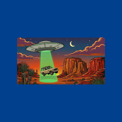 Close-up of the Desert Abduction Cruiser design on a True Royal tee