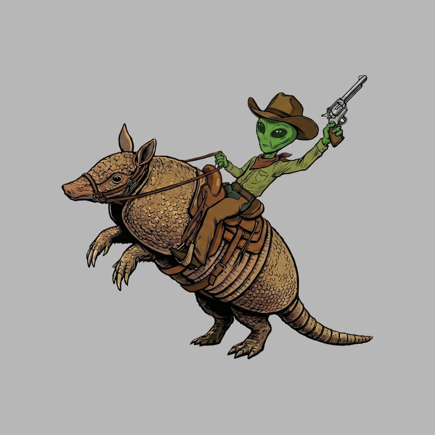 Close-up of the Alien Cowboy Armadillo Rider design on an Athletic Heather tee