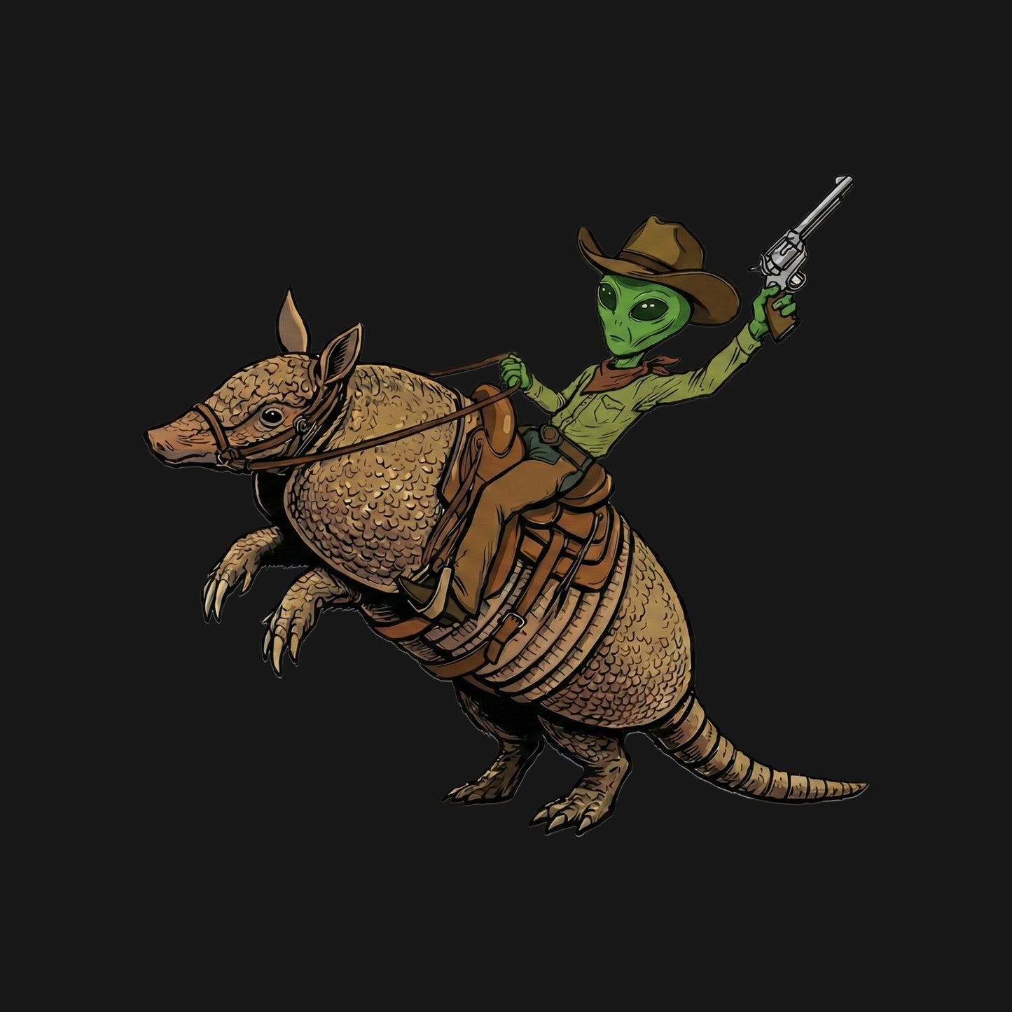 Close-up of the Alien Cowboy Armadillo Rider design on a Black tee