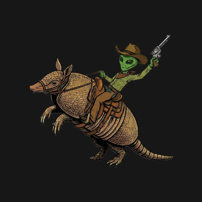 Close-up of the Alien Cowboy Armadillo Rider design on a Black tee