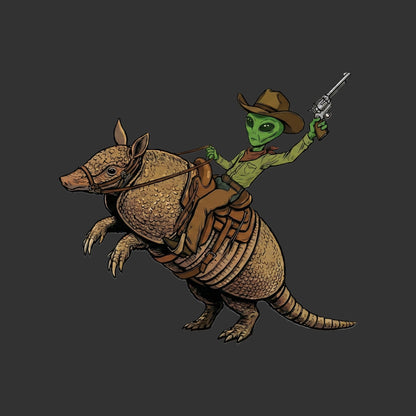 Close-up of the Alien Cowboy Armadillo Rider design on a Dark Grey Heather tee