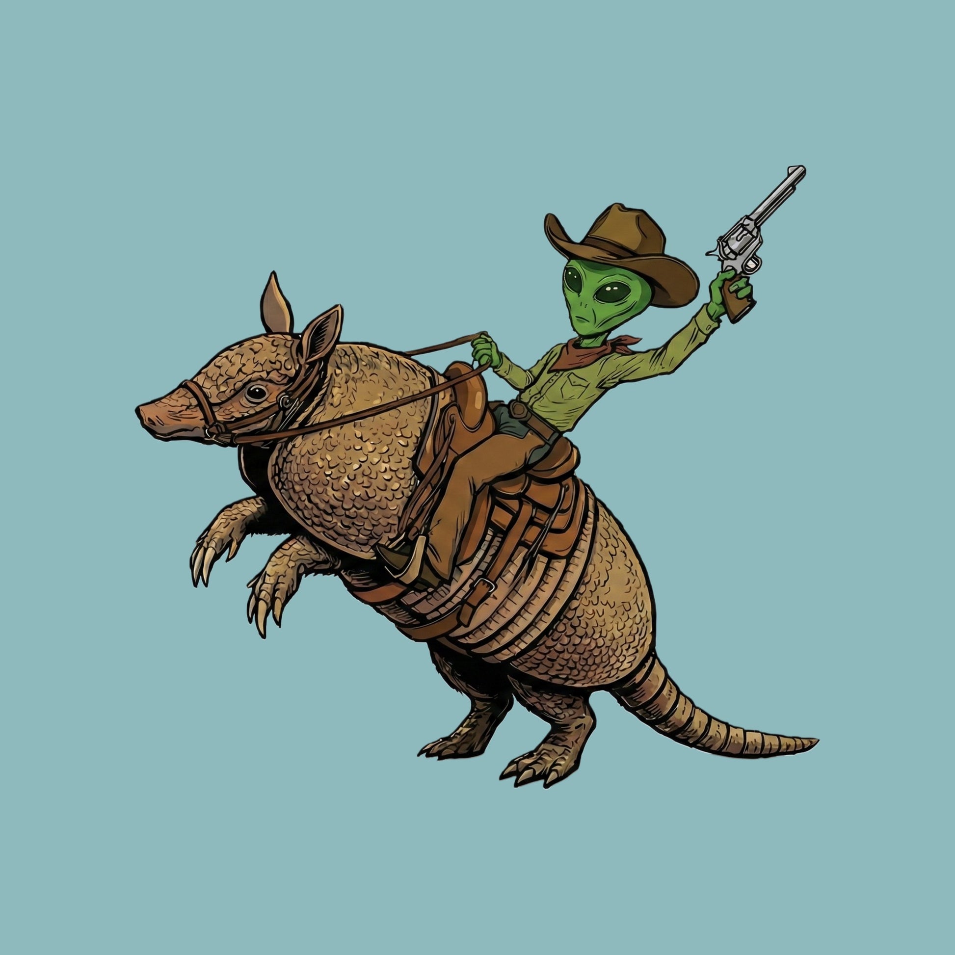 Close-up of the Alien Cowboy Armadillo Rider design on a Heather Blue Lagoon tee