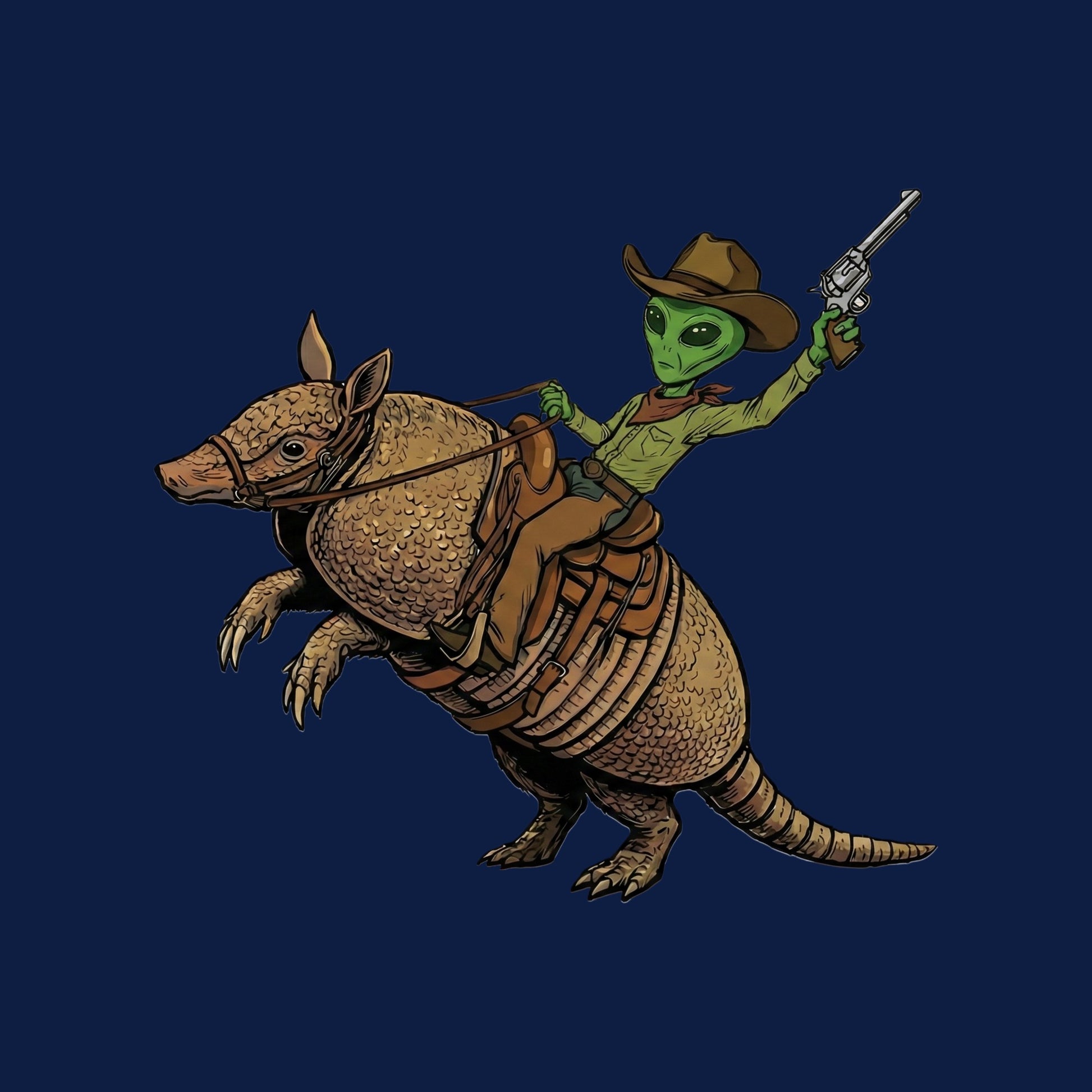 Close-up of the Alien Cowboy Armadillo Rider design on a Heather Navy V-neck tee