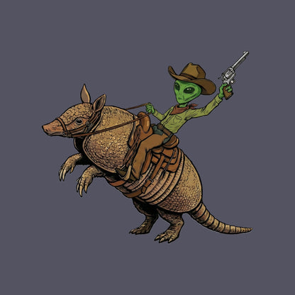 Close-up of the Alien Cowboy Armadillo Rider design on a Heather Navy tee
