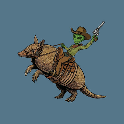 Close-up of the Alien Cowboy Armadillo Rider design on a Heather Slate V-neck tee