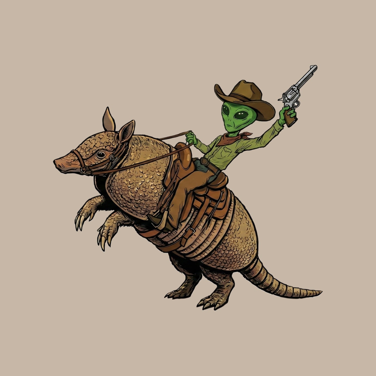 Close-up of the Alien Cowboy Armadillo Rider design on a Heather Stone tee