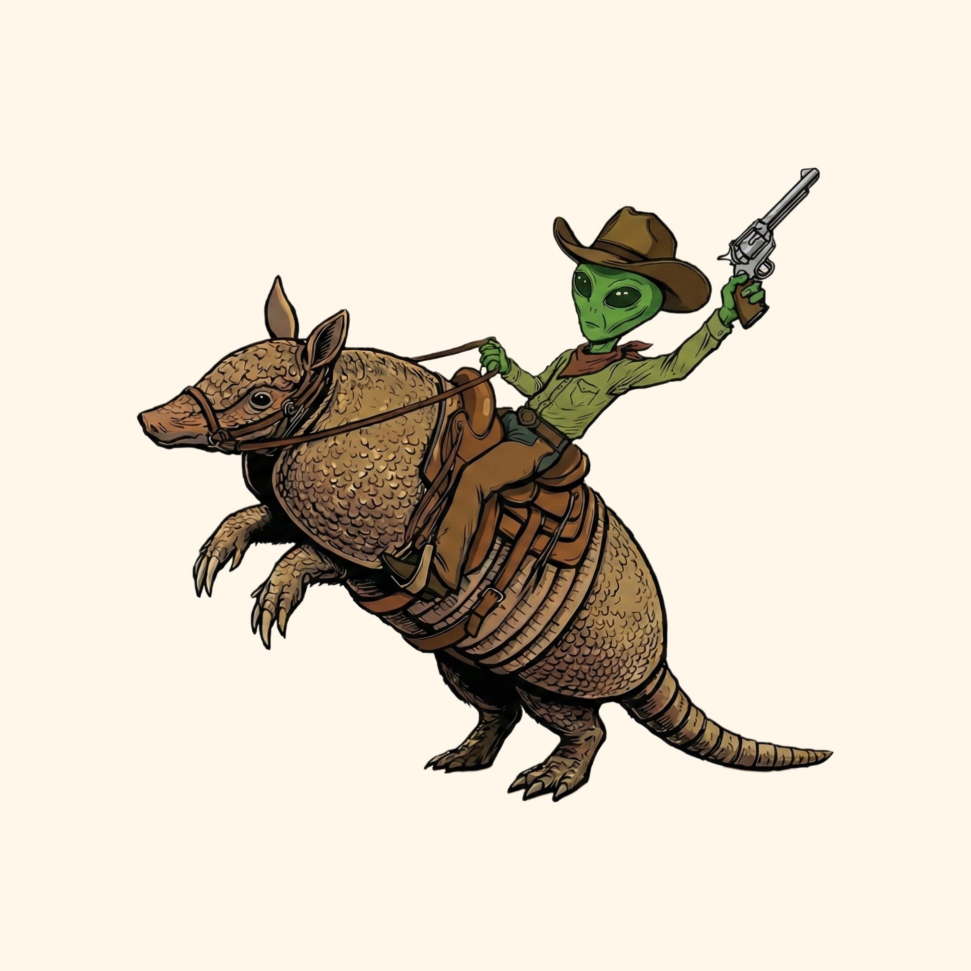 Close-up of the Alien Cowboy Armadillo Rider design on a Natural tee