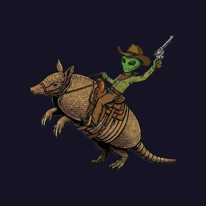 Close-up of the Alien Cowboy Armadillo Rider design on a Navy tee