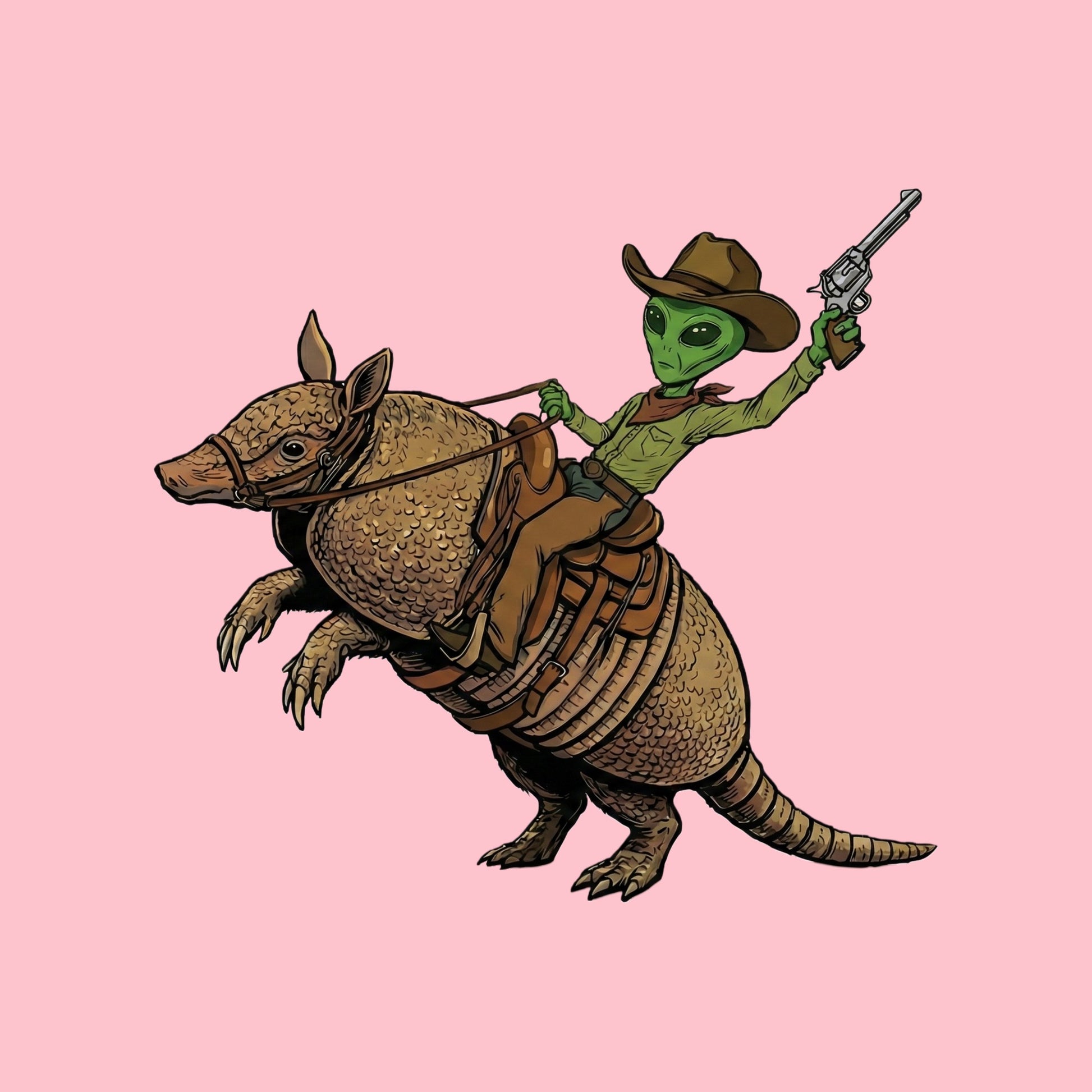 Close-up of the Alien Cowboy Armadillo Rider design on a Pink tee