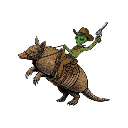 Close-up of the Alien Cowboy Armadillo Rider design on a Solid White Blend V-neck tee
